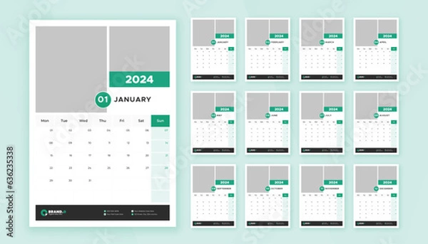 Fototapeta Monthly calendar template design for 2024 year. Week Starts on Monday. Wall calendar in a minimalist and creative style.