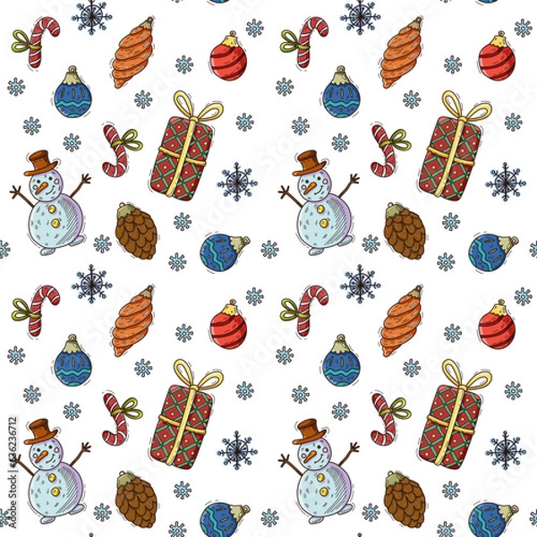 Obraz Seamless Christmas pattern. Doodle, new year, snowman, line drawing, winter, fabric, pattern, snowman, gift, holiday.