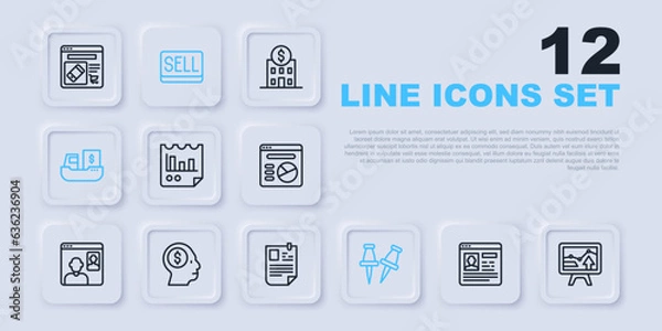 Fototapeta Set line Resume, Monitor with graph chart, Document, Push pin, Cargo ship boxes delivery, Business man planning mind, Sell button and icon. Vector