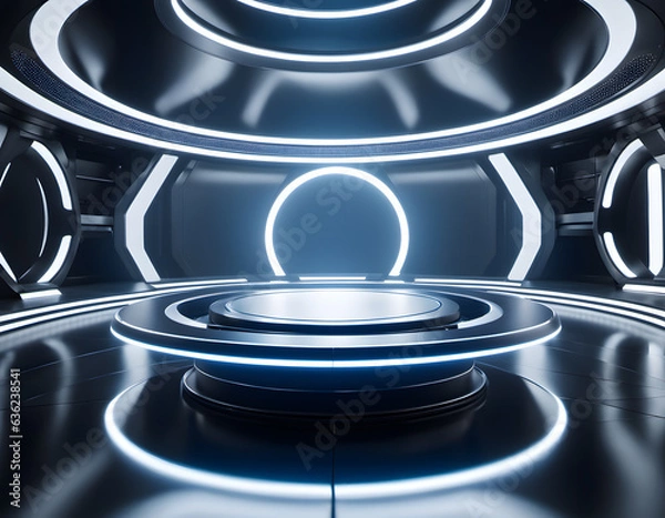 Fototapeta Futuristic empty stand for modern future background technology sci-fi. generative AI