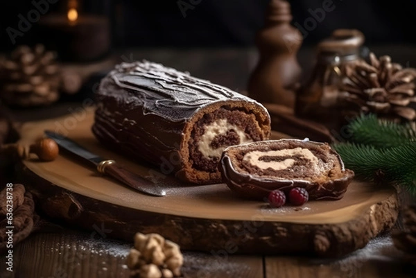 Fototapeta yule log cake, log-shaped festive dessert with cream filling