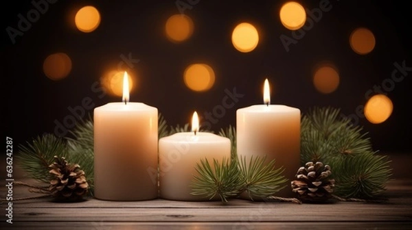 Fototapeta Ikebana Candles and a spruce branch. Christmas decorations created with Generative AI technology