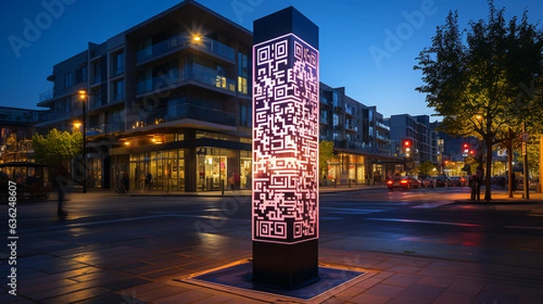 Obraz Urban backdrop with radiant QR code, the intersection of curiosity and modernity, generative AI