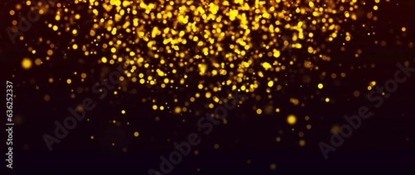 Fototapeta Golden particles shining dust bokeh glitter awards abstract background. Futuristic glittering in space on black background.