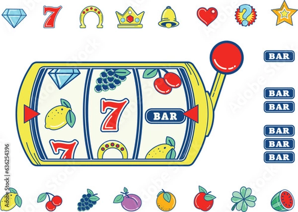 Fototapeta Casino slot machine reel with slot fruit machine symbols and icons isolated on white and vector based.