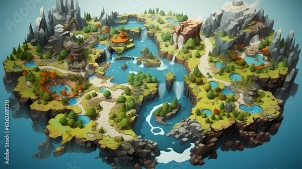Obraz Game Map, Board Game Digital Board, Top View.forests and floating lands.Concept Art Scenery. Book Illustration. Video Game Scene. Serious Digital Painting. CG Artwork Background. Generative AI.
