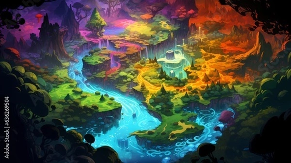 Fototapeta Game Map, Board Game Digital Board, Top View.forests and floating lands.Concept Art Scenery. Book Illustration. Video Game Scene. Serious Digital Painting. CG Artwork Background. Generative AI.
