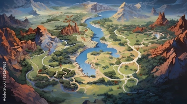 Obraz Game Map, Board Game Digital Board, Top View.forests and floating lands.Concept Art Scenery. Book Illustration. Video Game Scene. Serious Digital Painting. CG Artwork Background. Generative AI.
