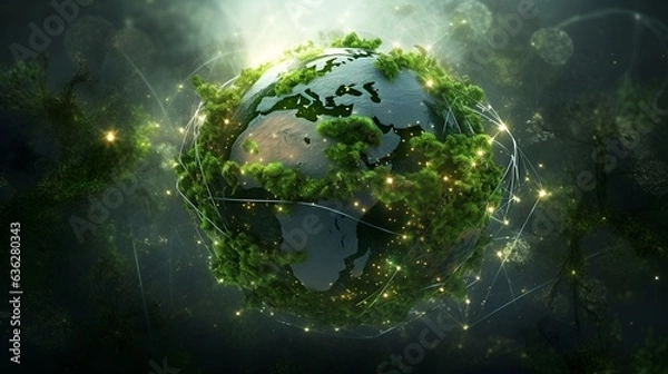 Fototapeta Illustration of an interconnected earth overgrown with plants. Concept of unity of nature and technology.
