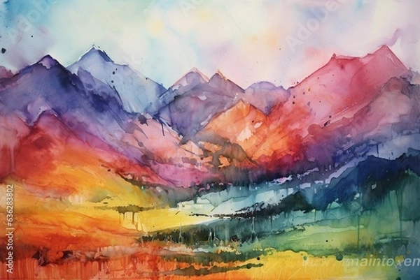 Obraz Farbenprächtige Berglandschaft als Aquarell (Generative AI)