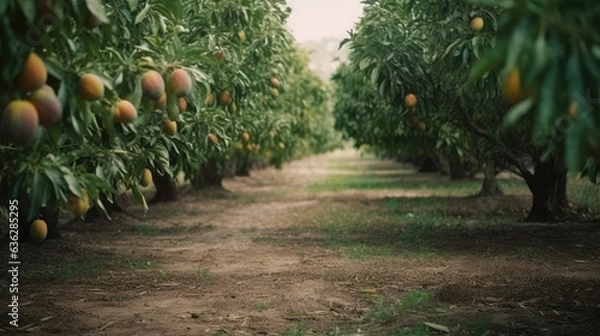 Obraz Mango trees with fruit in row in nature.