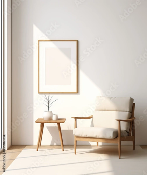 Fototapeta A serene and well-lit interior scene with a large blank picture frame centered on a wall