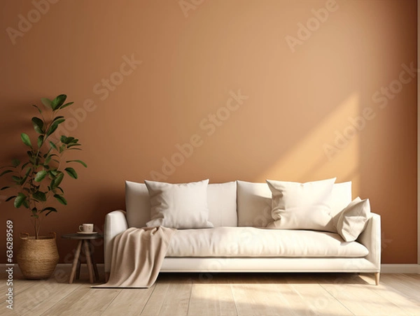 Fototapeta A minimalist living room setup with a white sofa adorned with several pillows, placed against a orange wall. To the left of the sofa, mockup, copy space