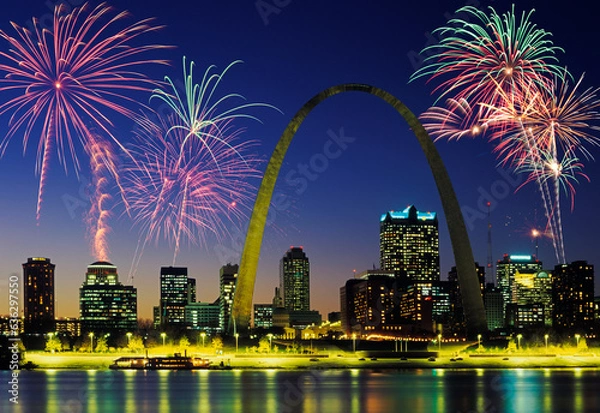 Fototapeta Fireworks fill the night time sky of St. Louis Skyline