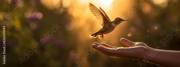 Obraz A hummingbird landing on a hand in nature