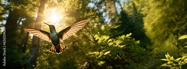 Obraz A flying hummingbird in a forest in the morning