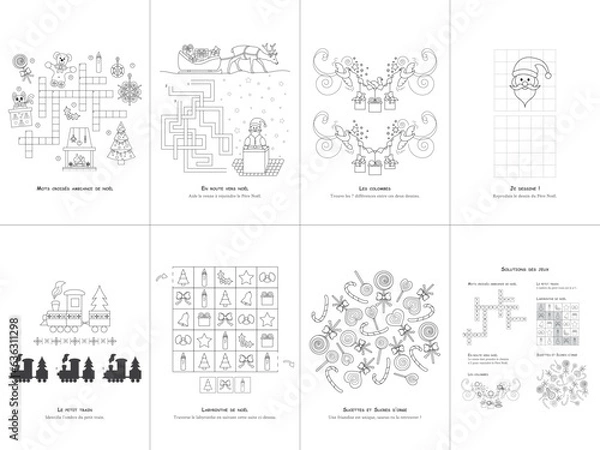 Fototapeta Set of seven games. Christmas Theme. Game and coloring page for kids. French language. Vector illustration. Set No. 2.