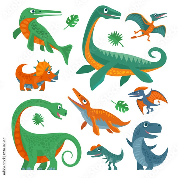 Fototapeta Dinosaurs set. Vector colorful flat icon isolated on white.