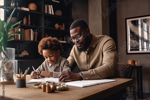 Obraz Father and his son doing homework for school