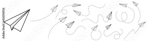Fototapeta paper plane with dotted line trail trace icon