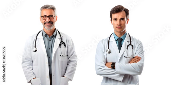 Fototapeta Cheerful mature doctor posing and smiling and Serious doctor healthcare and medicine png format on transparent background Fictional Person, Generative AI