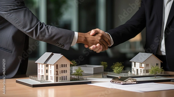 Fototapeta successful real estate transaction, realtor and buyer shaking hands generative ai