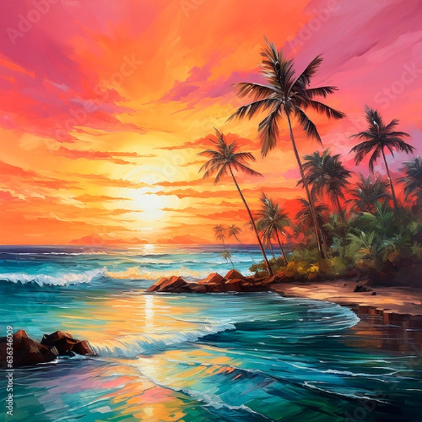 Fototapeta sunset/sunrise on the ocean/sea beach with palm trees created with Generative Ai