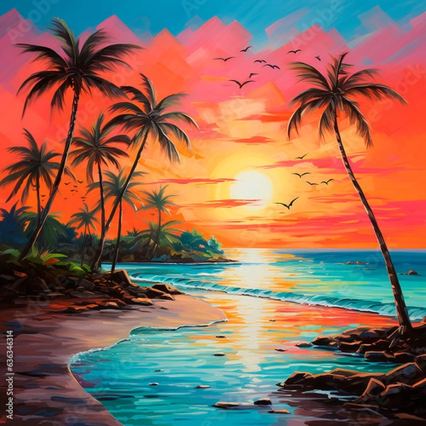 Fototapeta sunset/sunrise on the ocean/sea beach with palm trees created with Generative Ai