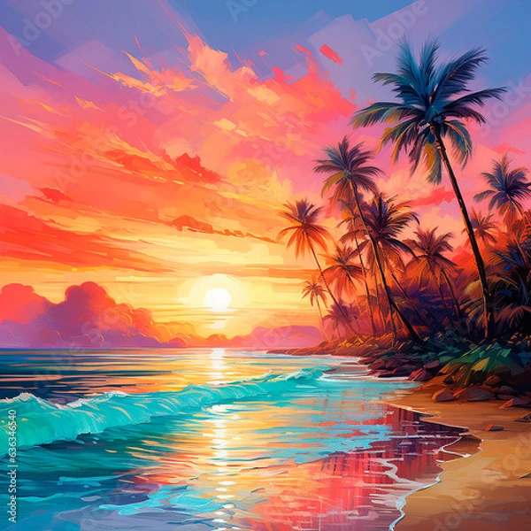 Fototapeta sunset/sunrise on the ocean/sea beach with palm trees created with Generative Ai