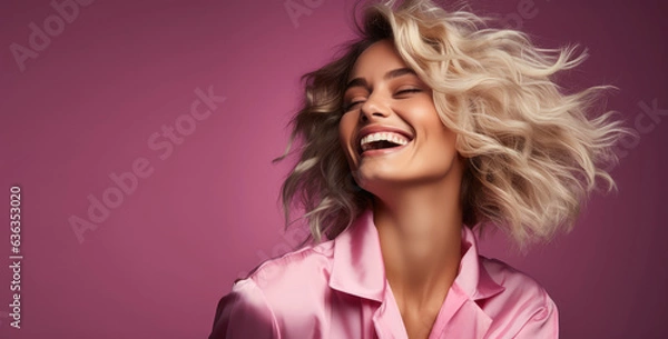 Obraz Blonde and Funny Woman Laughing Against a Solid Color Background - AI Generated