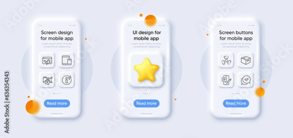 Fototapeta Chemical hazard, Approved and Mobile devices line icons pack. 3d phone mockups with star. Glass smartphone screen. Office box, Work home, Seo marketing web icon. Vector