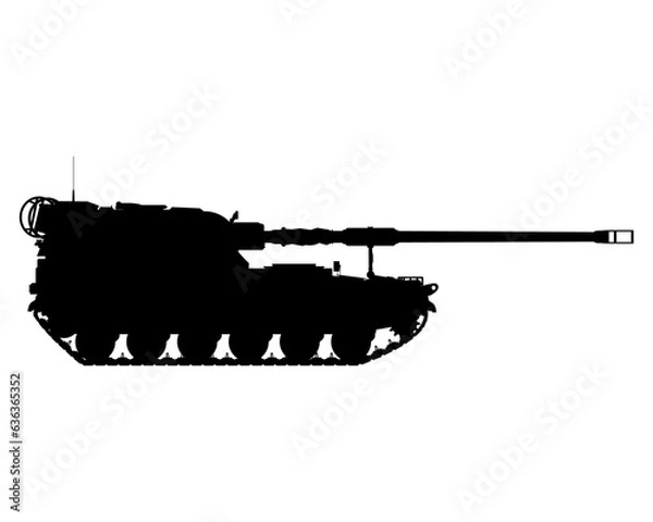 Fototapeta AHS Krab silhouette. Self-propelled artillery. Poland army. Military armored vehicle. Detailed PNG illustration.