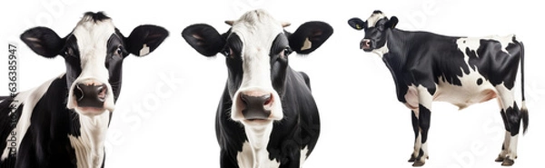 Obraz Collection of three black and white cows, animal bundle isolated on a white background as transparent PNG