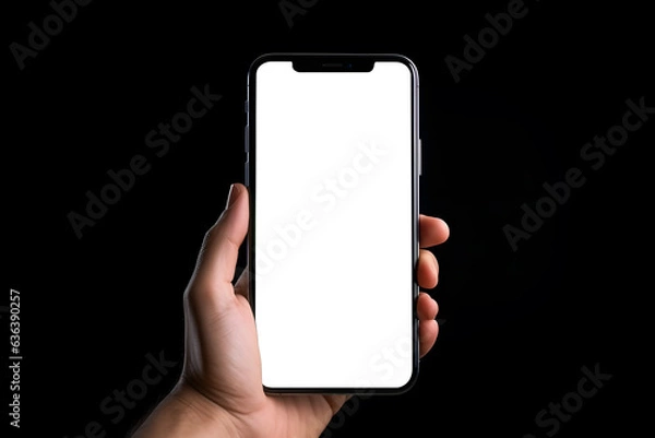 Fototapeta mockup Hand Holding mobile phone with green screen on black background ai generated