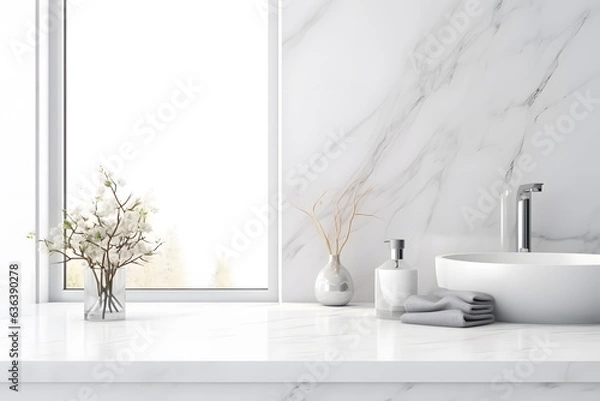 Fototapeta Mockup space for montage product on white marble tabletop with white luxury bathroom interior ai generated