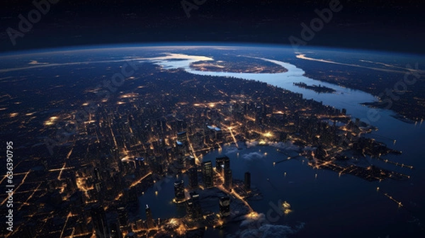 Fototapeta A nighttime view of a city skyline seen from space with a large body of water in the foreground.