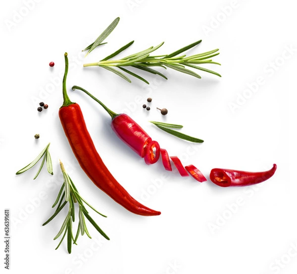 Fototapeta Fresh herb rosemary and red chilli pepper isolated on white background. Transparent background and natural transparent shadow; Ingredient, spice for cooking. collection for design