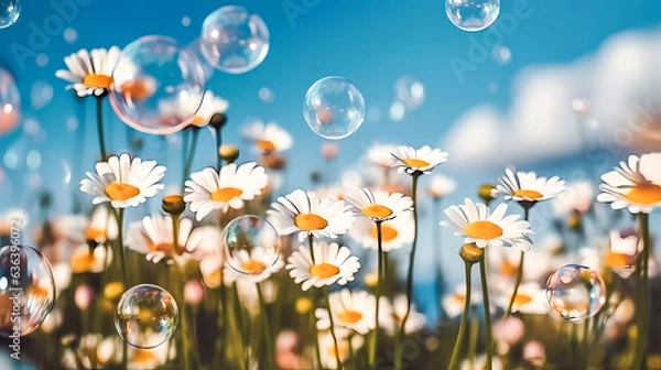 Fototapeta Soap bubbles, bokeh. Large bright colored flowers. Against the background of the blue sky. Generative AI technology.