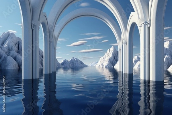 Fototapeta Fantasy landscape with arches and snow-capped mountains reflected in water