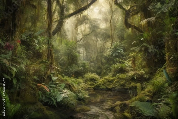Fototapeta Lush rainforest, majestic tree, vibrant colors., generative IA