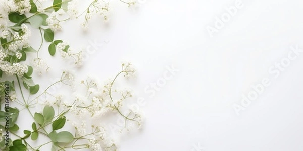 Obraz Styled stock photo. Feminine wedding desktop mockup with baby's breath Gypsophila flowers, dry green eucalyptus leaves, satin ribbon and white background. Empty space. Top view. Picture for blog. 