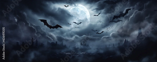 Obraz Full Moon, clouds and bats flying at night