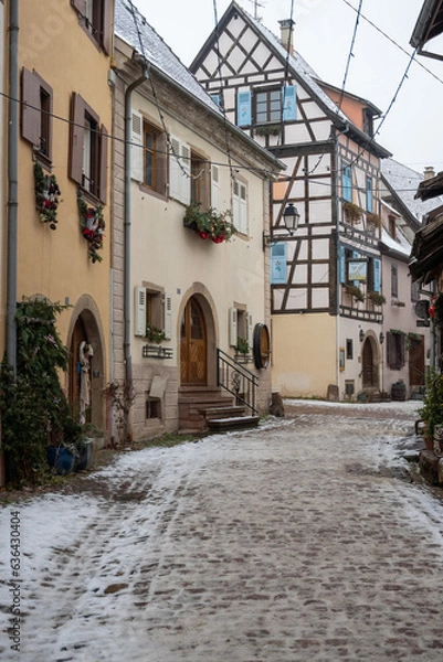 Obraz Charming Street with Old Houses in Beautiful village Eguisheim, in christmas time, Alsace, France