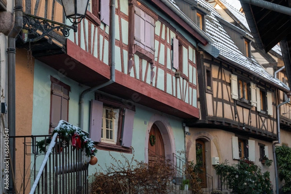 Obraz Charming Street with Old Houses in Beautiful village Eguisheim, in christmas time, Alsace, France