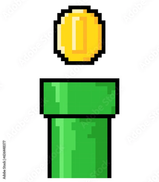 Obraz  Pixel Coin icon. Green Pipe video game