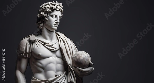 Fototapeta Gypsum figure, male, white, statue of the ancient Greek god Apollo on a black background. Free space.