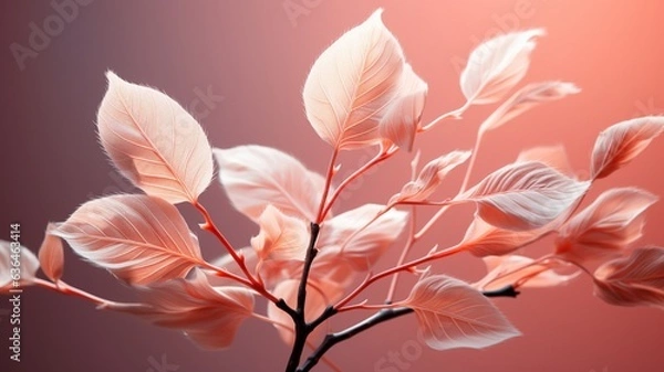 Fototapeta Pink leaf background, Beautiful pink skeletonized leaf on light blue background with round bokeh, Transparent skeleton leaf, skeleton leaves on blurred background closeup 