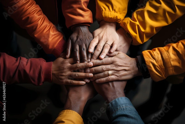 Fototapeta Inclusive Collaboration: Multiracial Hands Creating a Circle of Solidarity"