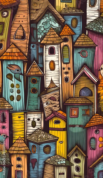 Fototapeta Illustration of colorful houses. House painting in oil and acrylic. Post-processed generative AI