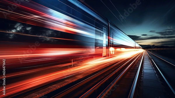 Fototapeta Trails of light left by a moving train in the darkness of night